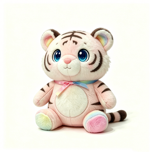 Peluche Tigre Assis Personnalisé avec Accent Arc-en-ciel, Adorable Peluche Tigre Rose Rayé avec Nœud Arc-en-ciel, Animal en Peluche Tigre Rose - Product Image 3