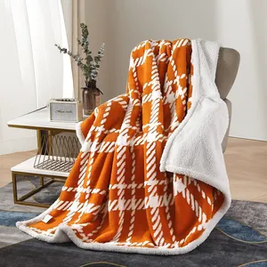 Winter Custom Print Warm Sherpa Twin Plaid Bed Couch Throw Super Soft Flannel Fleece Plush Blanket