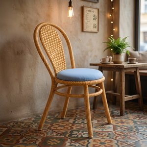 Chaise de jardin en rotin légère avec coussin bleu, pieds effilés, mobilier de patio rustique pour l'extérieur - Product Image 1