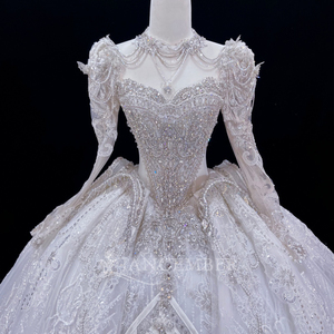 JFH147 Impresionante Vestido de Novia Moderno con Cuello Alto y Manga Larga, con Flores de Encaje y Apliques de Cristal - Product Image 5