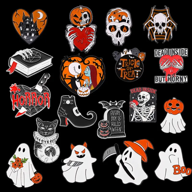 Halloween Email Pin Ghost Punk Zwart Wit Bot Goth Broches Rugzak 0 Horror Skelet Spin Revers Hart Sieraden Cadeau