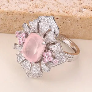 ZL0089-Anillo de plata de primera ley y cuarzo rosa para mujer, sortija ajustable, plata esterlina 925, estilo bohemio, respetuoso con el medio ambiente