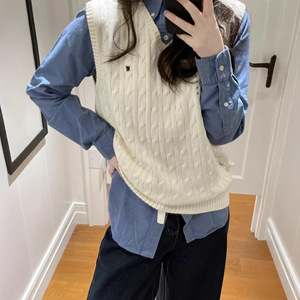 Canotta Classica RL Ricamata in <span class=keywords><strong>Cotone</strong></span> e Acrilico, Canotta Casual Senza Maniche con Scollo a V in Maglia Intrecciata, Gilet in <span class=keywords><strong>Lana</strong></span> da Donna - Product Image 3