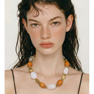 Collana JINYOU 2011 con <span class=keywords><strong>perline</strong></span> in <span class=keywords><strong>legno</strong></span> d'arancio e resina bianca, collana girocollo geometrica in acciaio inossidabile placcato oro - Product Image 3