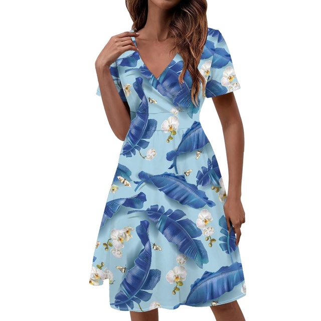 Summer Tropical Banana Leaf Print Midi V-neck Beach Women's Elegant Dress Factory Direct Sales Custom Design Dresses for Ladies