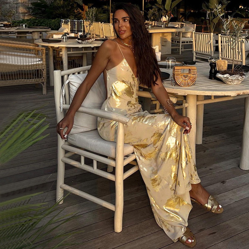 Summer Clothes for Women American Clothing 2024 Gold Foil Print Spaghetti  Strap Maxi Dress Ladies| Alibaba.com