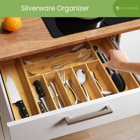 Organisateur de tiroir extensible en bambou pour couverts avec 7 à 9 séparateurs ajustables – Plateau moderne pour ustensiles de cuisine