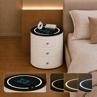Table d'appoint intelligente de luxe, ronde, avec 3 tiroirs de rangement, charge sans fil, USB, lumière LED, simili cuir, table de chevet pour chambre à coucher