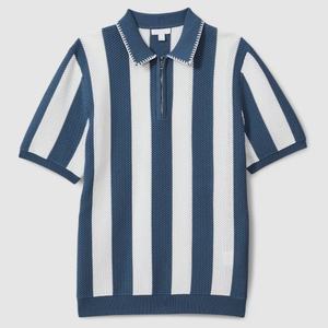 Personnalisé Hommes Mode <span class=keywords><strong>Maille</strong></span> Évider Tricot <span class=keywords><strong>Pull</strong></span> À Manches Courtes Large Rayé <span class=keywords><strong>Homme</strong></span> 1/4 Zip Hommes Crochet Polo T Shirt Chandail Tricoté - Product Image 3