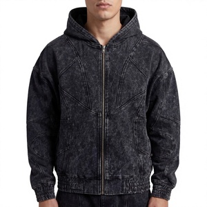 Sweat à capuche zippé pour homme, style vintage délavé à l'acide, coupe oversize, design à empiècements coupés et cousus, streetwear, en molleton épais - Product Image 1
