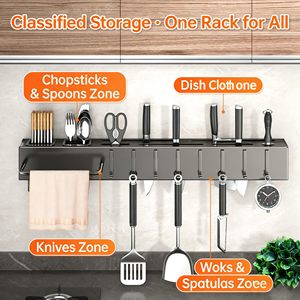 Cooking Utensils Holder Wall-mounted <b>Storage</b> <b>Kitchen</b> Knives Rack Smart Kitchenware Organizer with Steel Hooks - Product Image 6
