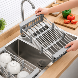 Escurridor de Platos Extensible de Acero Inoxidable para Fregadero con Cesta para Cubiertos y Brazos Ajustables, Organizador de Fregadero de Cocina - Product Image 4