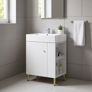 White Bathroom Vanity With Single Ceramic Sink 23 In Modern Minimalist Floor Standing Cabinet Right Side Storage - Product Image 2