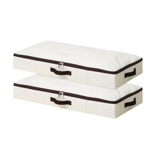Modern <b>Rectangle</b> Fabric Clothing Organizer with Handles Foldable Stackable Under Bed Storage <b>Bin</b> 35L Capacity White Brown Trim - Product Image 1