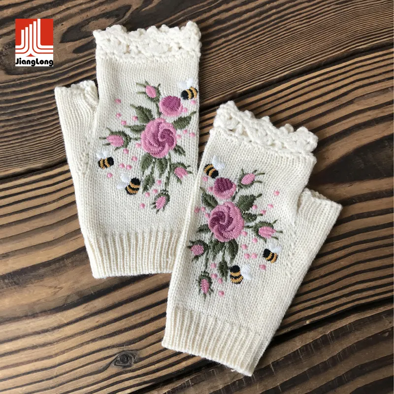 Haute qualité femmes hiver tricoté élégant mode personnalisé broderie florale mitaine crochet gant