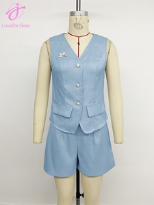<span class=keywords><strong>Ensemble</strong></span> deux pièces d'été Loveda pour femme, couleur unie, style français, avec nœud décoratif, gilet bleu à col en V et short - Product Image 5