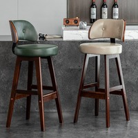 Chaise de bar sans accoudoirs en bois massif, style rétro, luxe léger, cuir véritable, dossier haut, style européen, durable