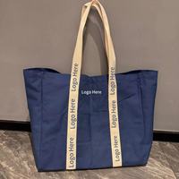 Bolsa de Compras Reutilizable Azul Ecológica Grande con Logotipo Personalizado, Cierre Interior con Cremallera, Patrón de Letras, Cuerda de Algodón