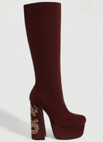 Bottines hautes en daim bordeaux avec broderie de dragon, talons hauts épais, plateforme, nouveau style chinois, chaussures de soirée pour femmes