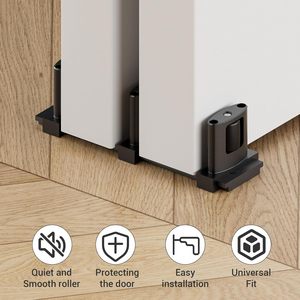 Guía inferior para <span class=keywords><strong>puerta</strong></span> <span class=keywords><strong>corredera</strong></span> de armario, guías para puertas de granero, ajustable con tornillo para puertas dobles, 3 rodillos, negro - Product Image 2