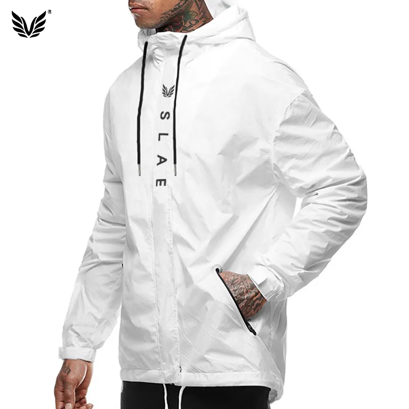 Custom Men's Casual Zipper Jackets Adjustable Hem Nylon Spandex Hooded Long Sleeve Windbreaker