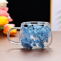Mug à café en verre borosilicate à double paroi avec fleurs séchées, style nordique, motif floral, résistant à la chaleur, passe au lave-vaisselle, unisexe, transparent