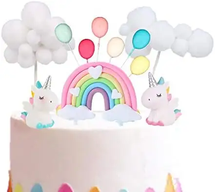 新しいデザインのレインボーケーキトッパーセット-誕生日パーティーやホリデー用品用のヘアボールレインボーユニコーンケーキインサートキット用品