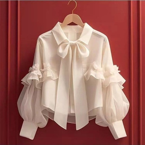 Women's Bow Long Sleeve <b>Tie</b>-Up Ruffle Top Shirt Fashion - Product Image 6