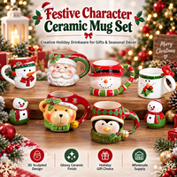 Mug de Noël en céramique 3D directement de l'usine, motif Père Noël et rennes, tasse en porcelaine pour cappuccino, latte, expresso