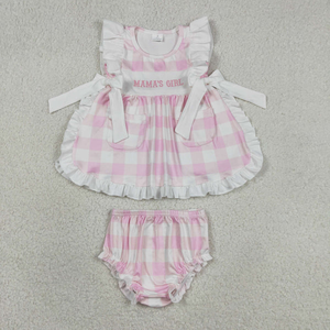 Vêtements pour bébés filles, manches courtes, broderie, nœuds, ensemble short à carreaux roses - Product Image 1