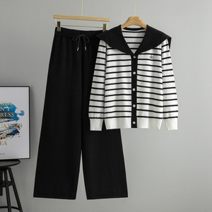 Completo Casual da <span class=keywords><strong>Donna</strong></span> in Stile Europeo-Americano, Cardigan a Maniche Lunghe e <span class=keywords><strong>Pantaloni</strong></span> Larghi in <span class=keywords><strong>Viscosa</strong></span> e Poliestere - Product Image 2