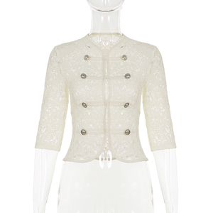 French Vintage Court <b>Button</b> Stand Collar Lace T <b>Shirt</b> Semi Sheer Slim Fit <b>Half</b> Sleeve Socialite Style Hook Cardigan for Women - Product Image 6