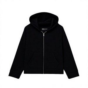 เสื้อฮู้ดซิปผู้ชายสีดำ ทรงปกติ ผ้าฝ้ายเฟรนช์เทอร์รี่ สีพื้น สวมใส่สบายๆ สำหรับฤดูใบไม้ร่วง มีกระเป๋า - Product Image 1