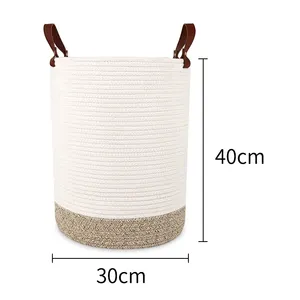 Customizable Size Round Woven Cotton Rope Storage Basket With Leather Handle For Living Room