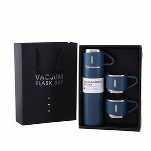 Promotional Gift Set with PU Leather/Paper Vacuum Flask 2 <b>Cups</b> 3 Interchangeable Lids Customizable Logo - Product Image 1