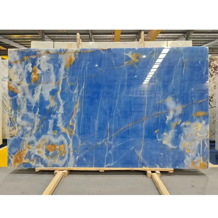 Venta al por mayor retroiluminado ónix translúcido piedra Panel de pared interior azul ónix losa para panel de pared