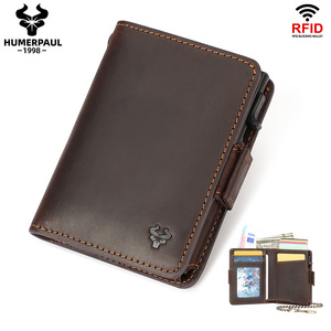 Factory Wholesale Genuine Leather Wallet Customized Automatic Pop-Up <strong>Card</strong> Holder Engraved Chain RFID Blocking Hangable Waist - Product Image 1