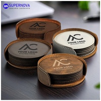 Ensemble de 6 sous-verres ronds en similicuir gravés au laser personnalisés, gravure au laser personnalisée, ensemble de sous-verres en cuir PU avec support