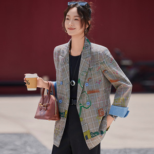 Women's Blazer Gray Plaid Graffiti Pattern Breathable Spring Autumn Casual Suit Jacket - Product Image 3