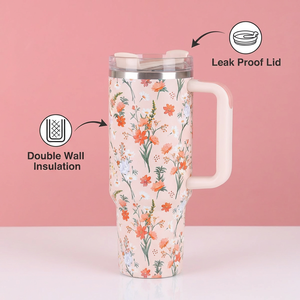 Vaso Térmico de Acero Inoxidable con Diseño Floral y Asa, Taza de Viaje con Aislamiento al Vacío y Tapa para Café y Bebidas Frías - Product Image 5
