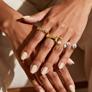 Animal Design Stainless Steel <b>Ring</b> With Pearl And Zircon Inlay Adjustable <b>Opening</b> 18K Gold Plated Unisex Fashion Jewelry - Product Image 1