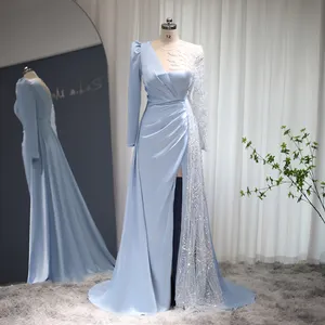 Jancember LSCZ96 सुरुचिपूर्ण सुंदर नीली विषम Ruched पूर्ण आस्तीन साटन शाम मरमेड पोशाक