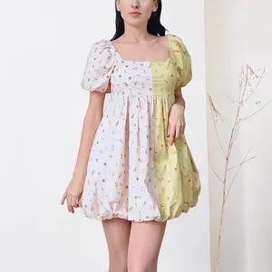 2024 women's short party skirt set short puff sleeve summer mini elegant floral printed puff dress for women