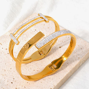 Bracelet manchette de luxe en zircon, dernier design tendance, plaqué or 14 carats, acier inoxydable 316L, bijoux pour femmes, style mixte - Product Image 6