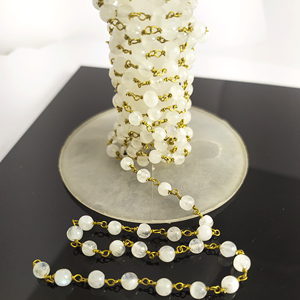 Natural Rainbow Moonstone Smooth 3mm Round Beaded Brass Wire Wrapped Handmade <b>Rosary</b> Chain - Product Image 2