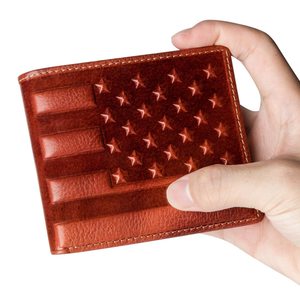 <b>Men's</b> Genuine Leather <b>Wallet</b> With American Flag Design <b>RFID</b> Blocking Multi-Card Short <b>Wallet</b> Light Brown 4.3 x 3.5 Inches - Product Image 4