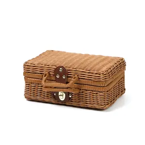 Gran oferta de cajas de almacenamiento de mimbre de plástico PP tejidas a mano de mimbre de imitación para acampar al aire libre cesta de Picnic caja de regalo Vintage