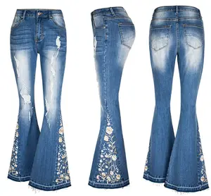 Summer New Arrival Women Floral Embroidered Flare Jeans light blue wide leg denim flared pants ripped distressed jean women