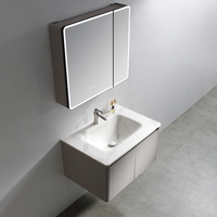 Meuble-lavabo mural flottant minimaliste avec armoire miroir à double porte, design à poignée dissimulée, unité de rangement moderne pour salle de bain