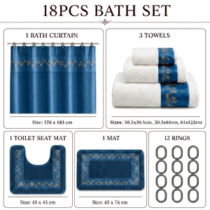 Set <span class=keywords><strong>da</strong></span> <span class=keywords><strong>Bagno</strong></span> 18 Pezzi Lusso Blu Reale Ricamo Oro Tenda Impermeabile Tappeto Antiscivolo Asciugamani Assorbenti Ingrosso - Product Image 2
